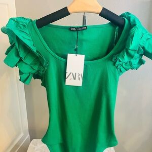 Zara Green Ruffle Sleeve Women's Top